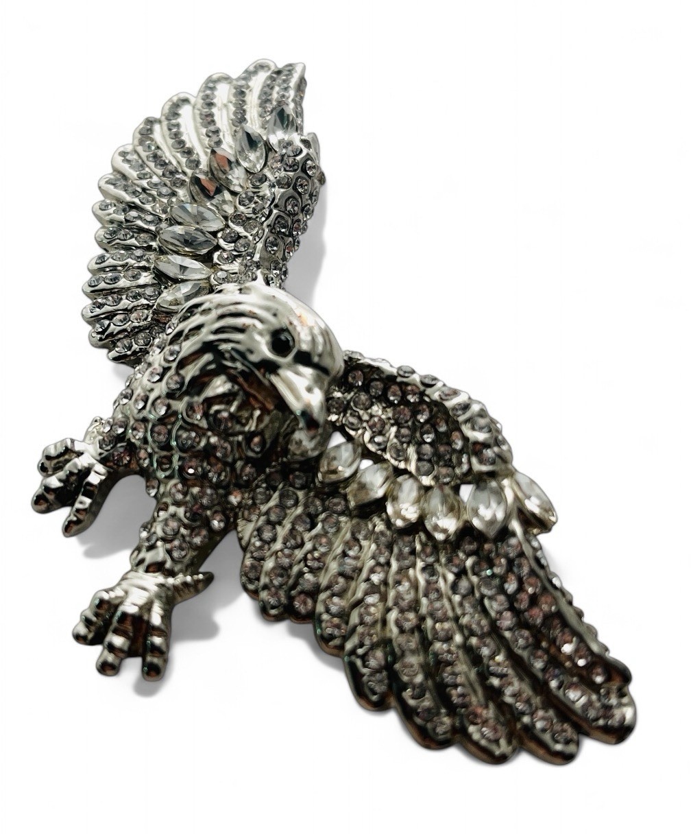 Vintage 80’s Chunky Glass Rhinestone Figural Eagle Brooch Pendant Military Style