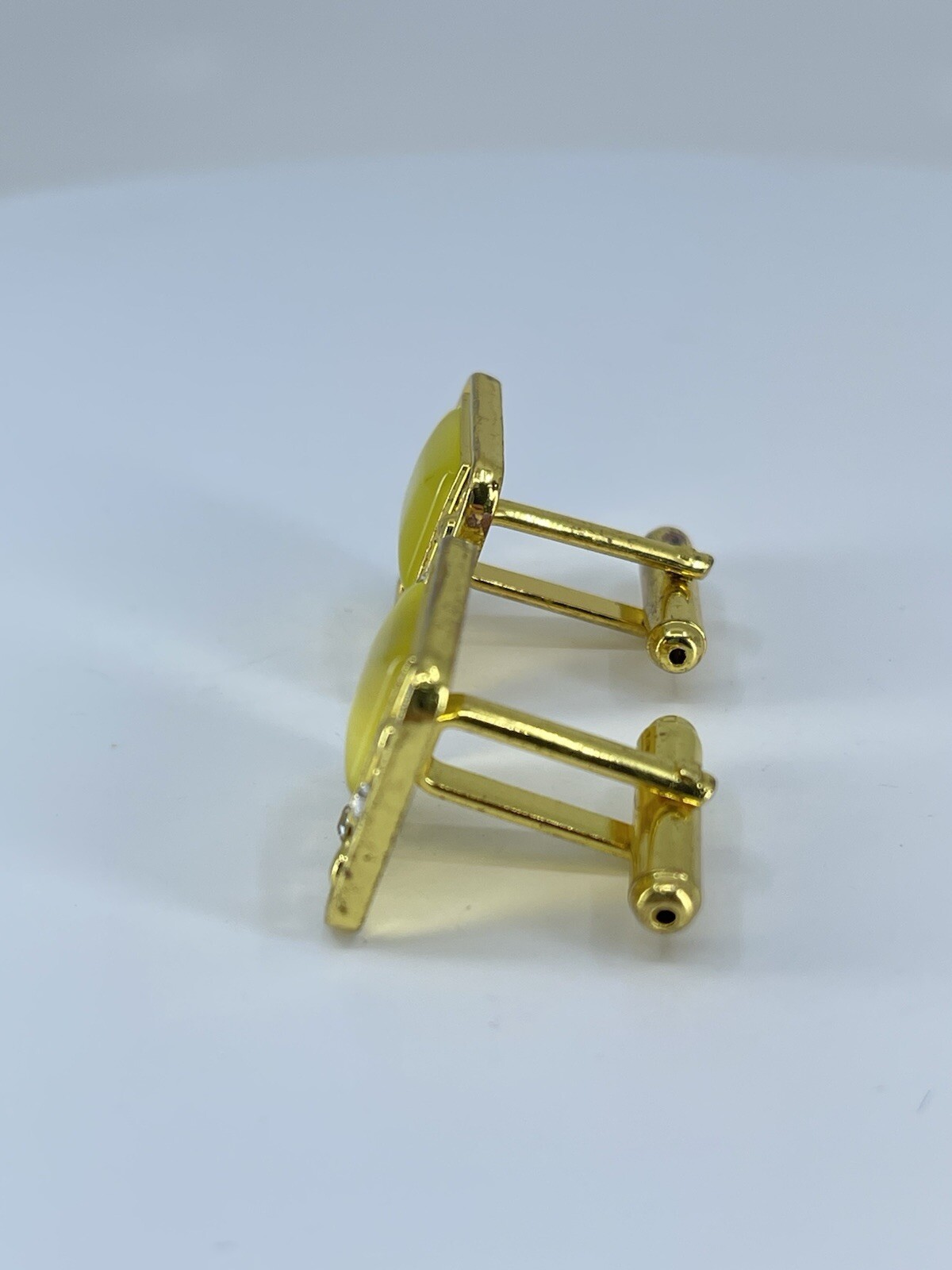 gold tone square yellow glass cufflinks white rhinestones accents bullet backs