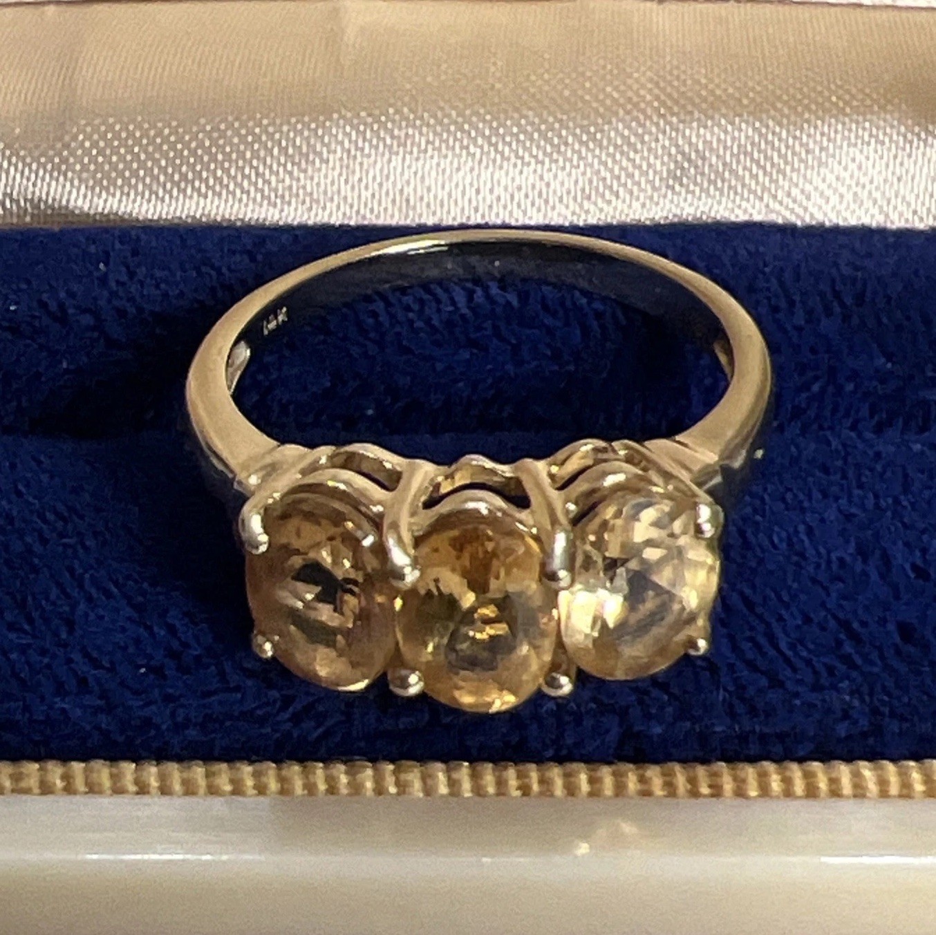 14k Yellow Gold Triple Oval Cut Golden Yellow Topaz Ring Sz 7.5