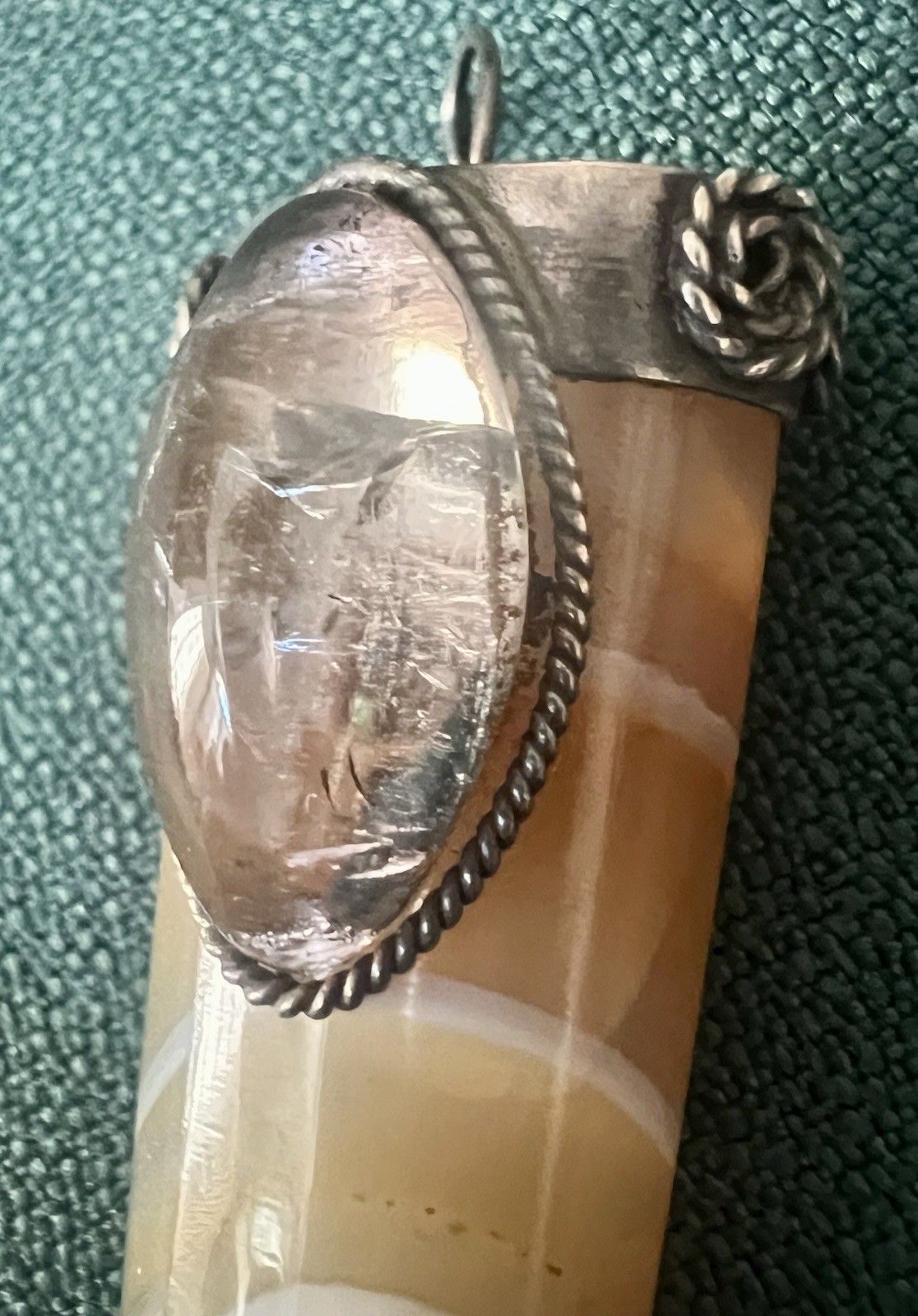 VINTAGE POLISHED CARVED STONE MANO FIGA W/STERLING GOOD LUCK CHARM PENDANT