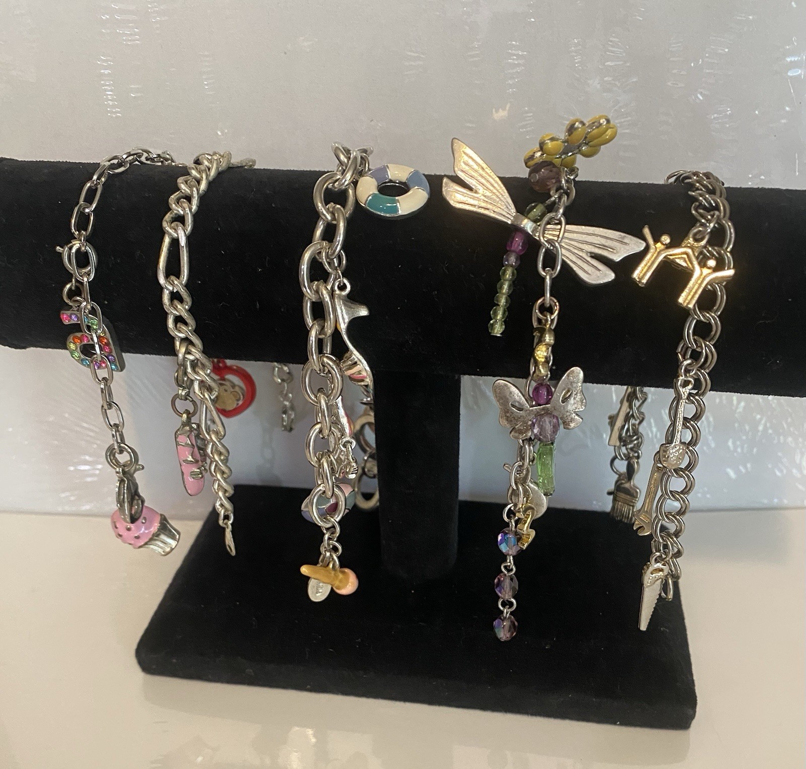 Vintage Charm Bracelets 5pc Layered Collection Silver Tone Chains 100+ grams