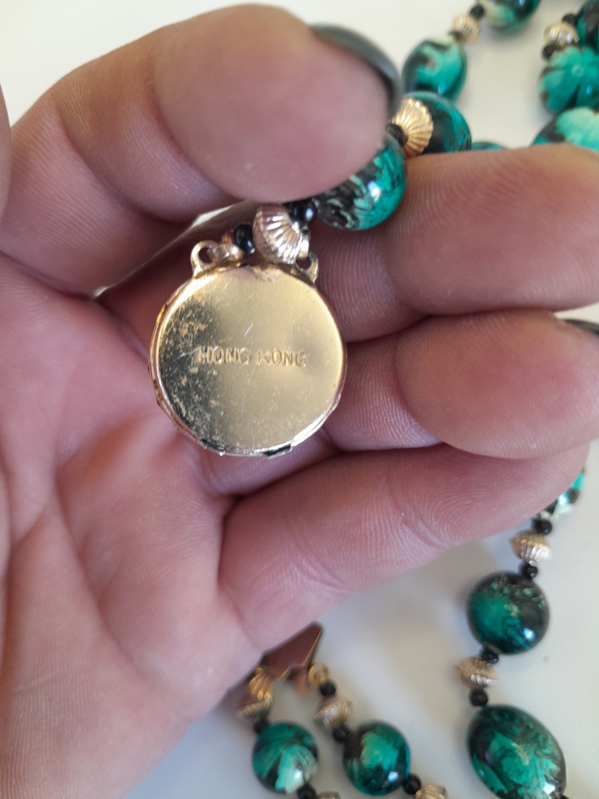 Hong Kong Double Strand Necklace Blueish Green, Black, And Silver Tone