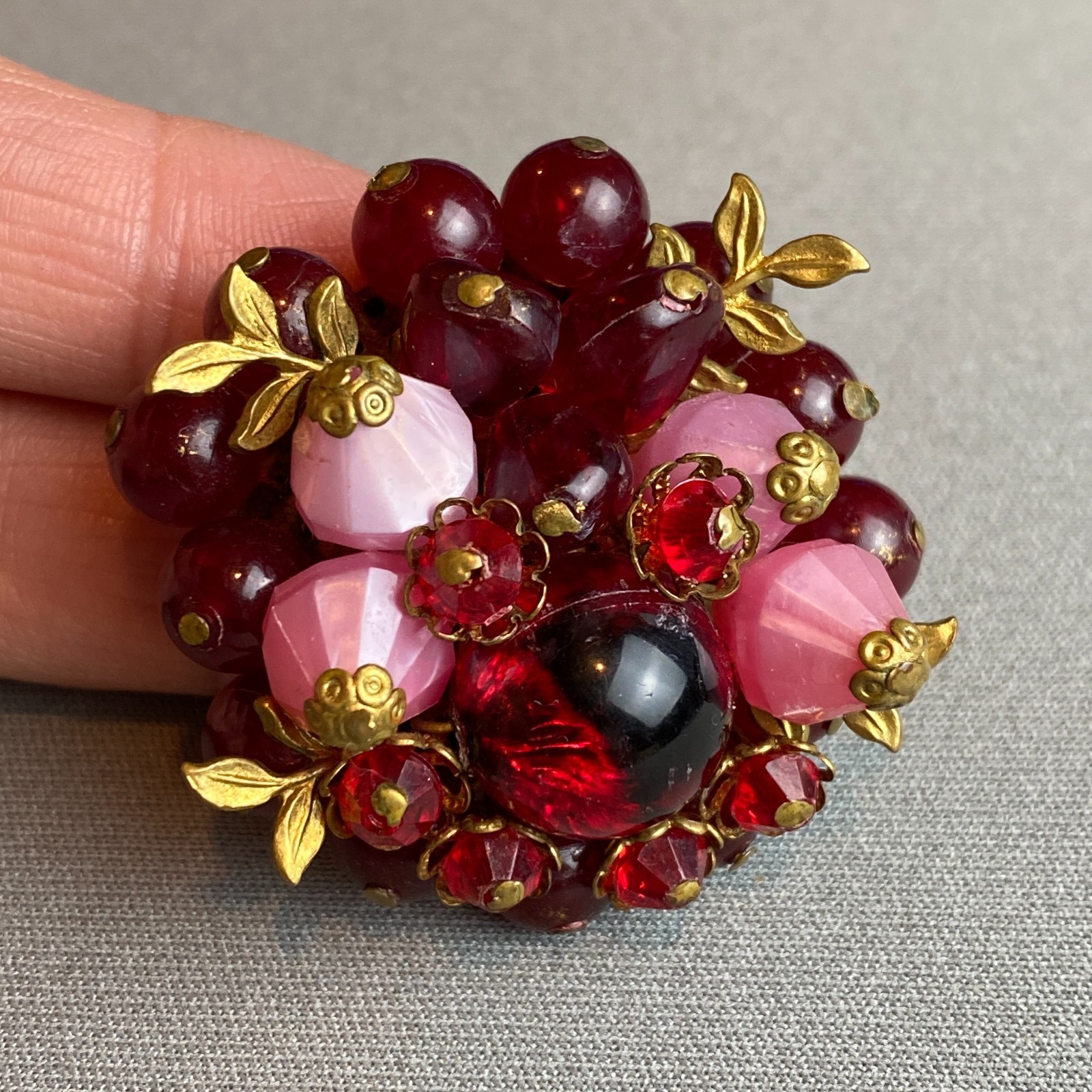 Vintage West Germany Wired Beaded Brooch Frosted Pink & Red Plastic & Gilt Brass