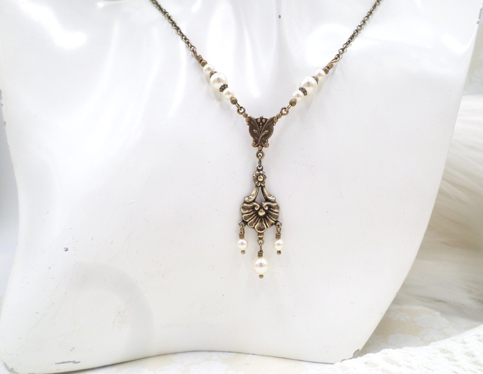 Victorian Pearl Necklace: Antique Brass Romantic Floral Handmade Vintage Jewelry