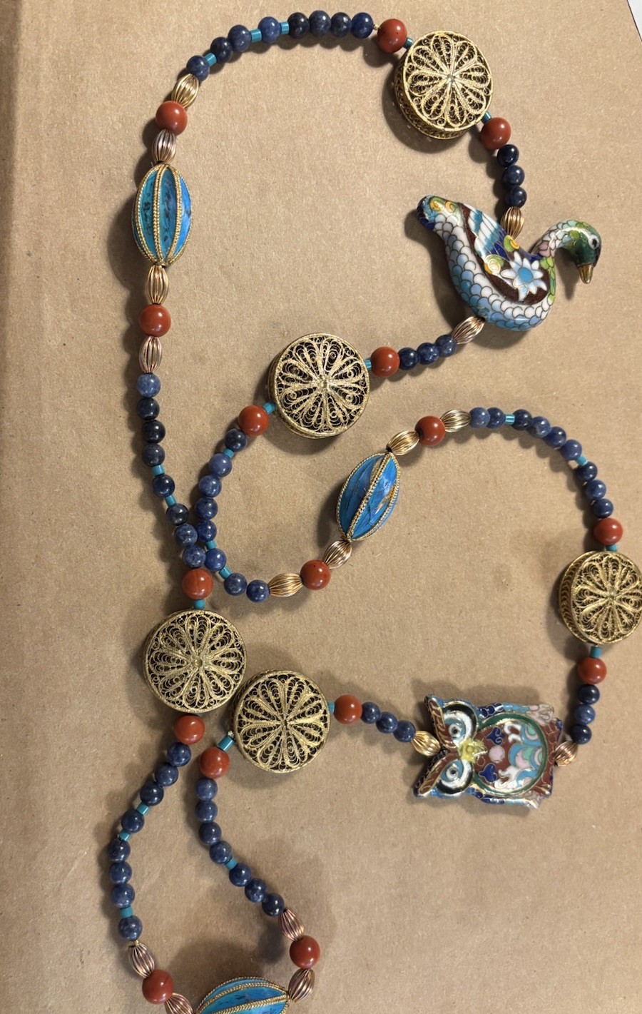 Vintage Cloisonne & Brass Necklace w/ Owl & Duck Pendant Boho Statement EUC