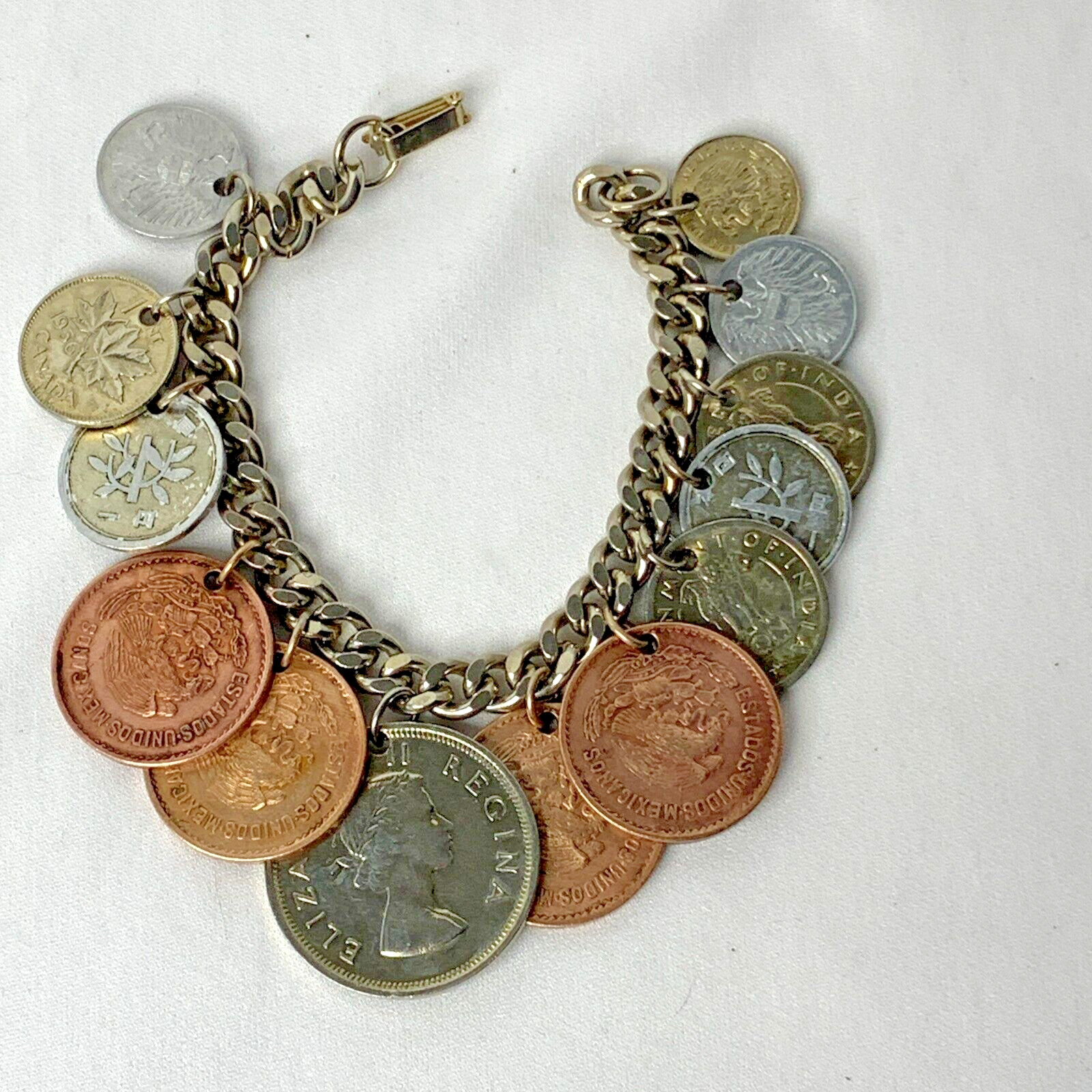 Vintage 1956 Charm Bracelet 13 Assorted Coins From Different Countries 6.5″-7″