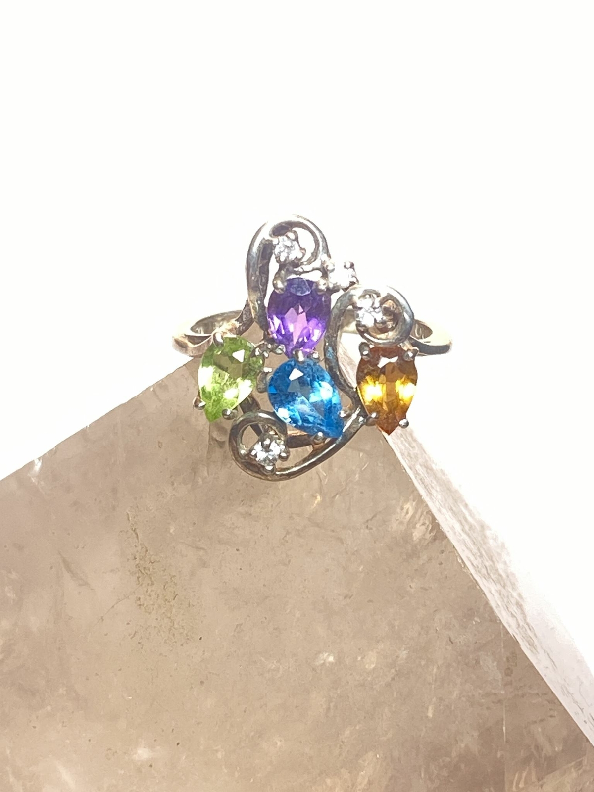 Cocktail ring size 6.75 sparkly colored stones blue pink yellow pinky sterling s