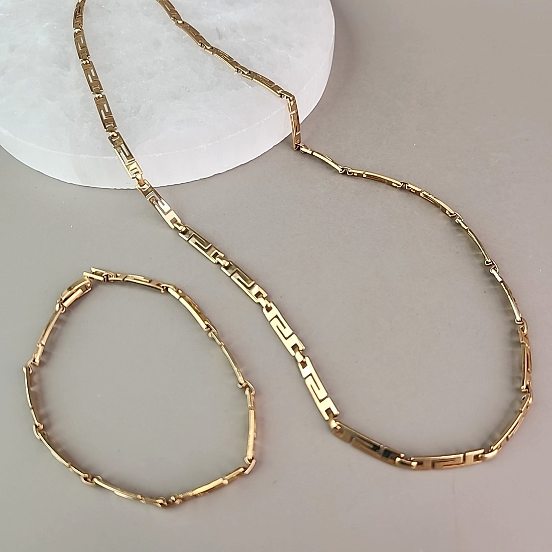 Vintage Greek Key Chain Necklace Bracelet Set 4mm Gold Plated Versatile 21″