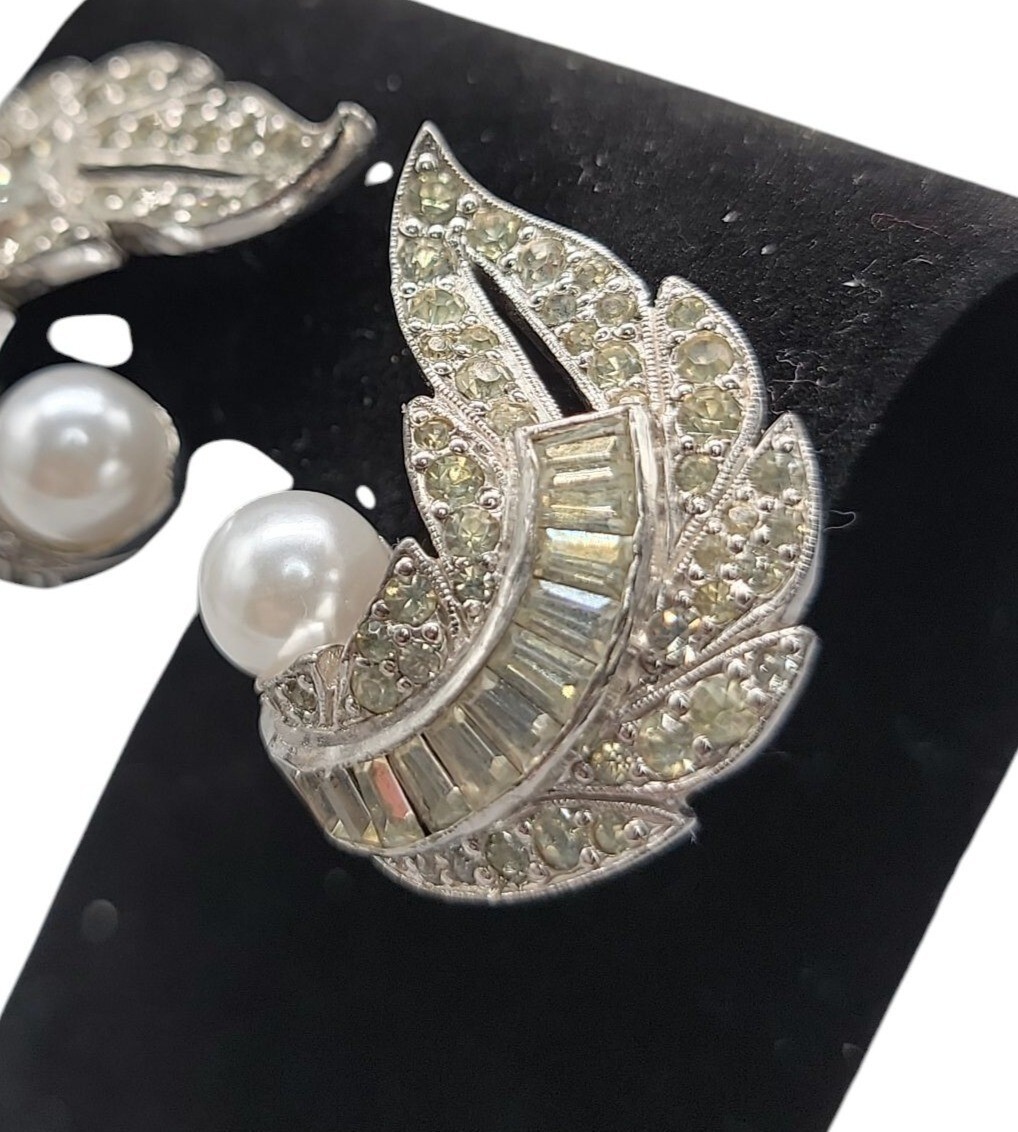 Jomaz Rhinestone Paved Winged Clip On Earrings Faux Pearl Accent Vintage Patent