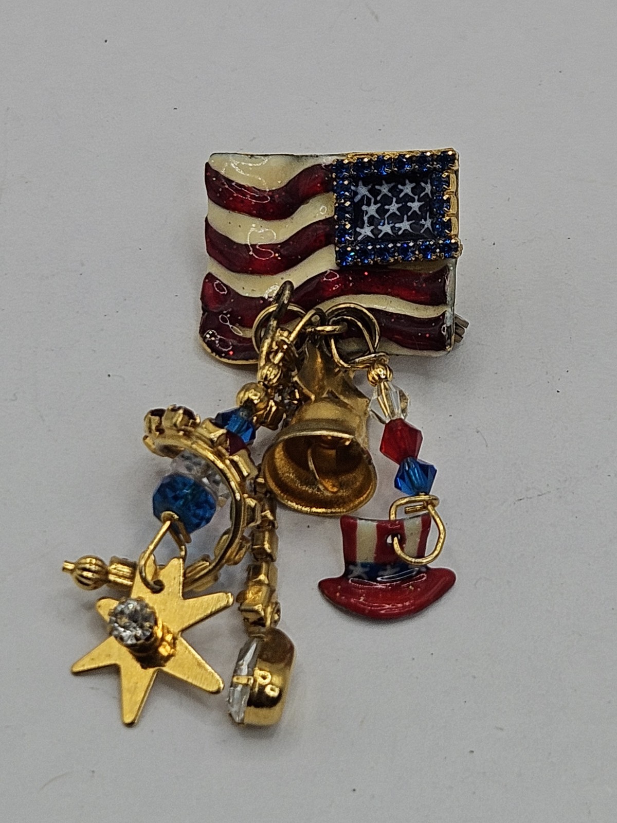 Vintage Repurpused Lunch At The Ritz Patriotic American Flag Charm Brooch