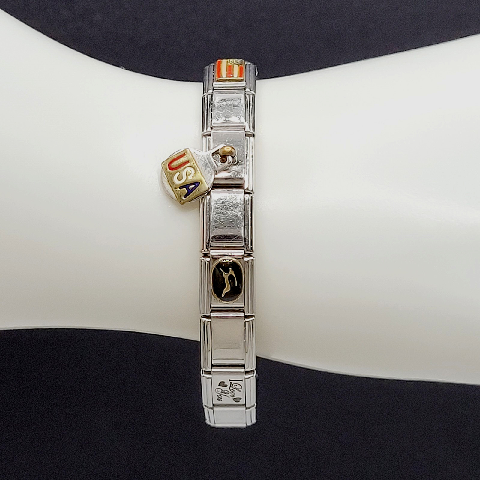 Vintage Italian Style Modular Stainless Steel Charm Bracelet w Mom USA Flag Dog