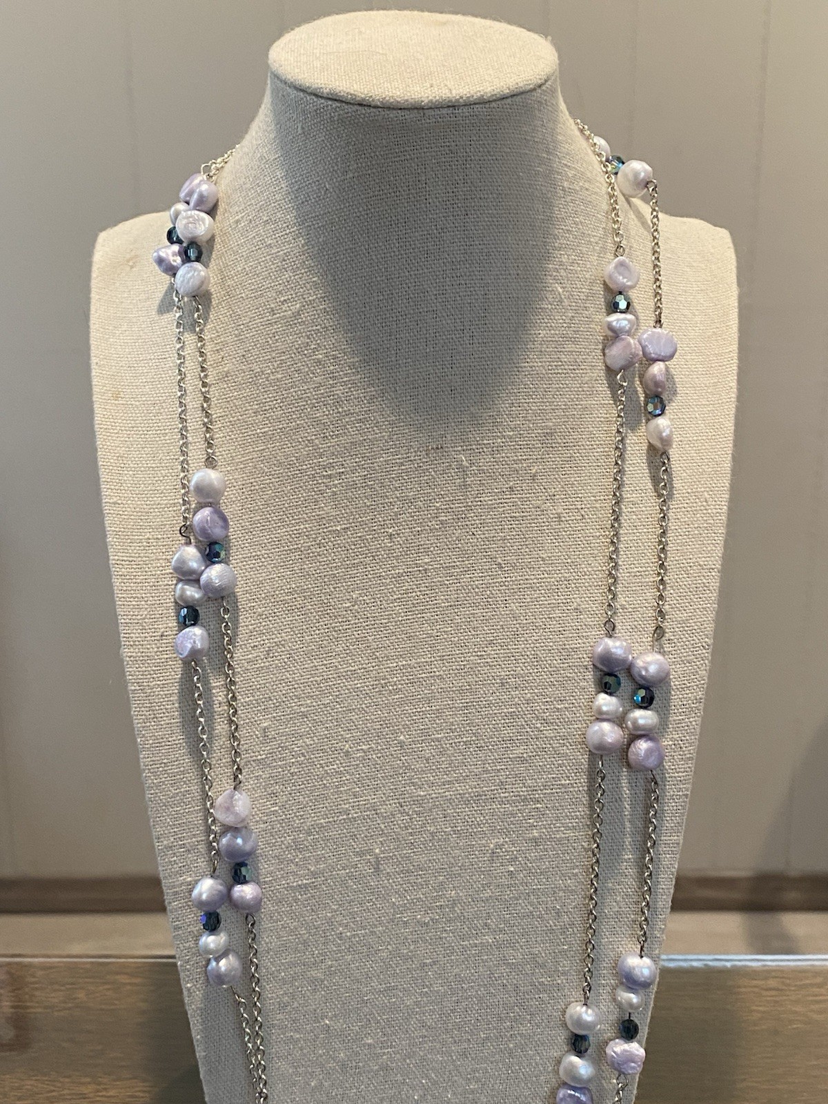 56” Lavender Pearl Silver Tone Chain Necklace With Blue Accent Beads
