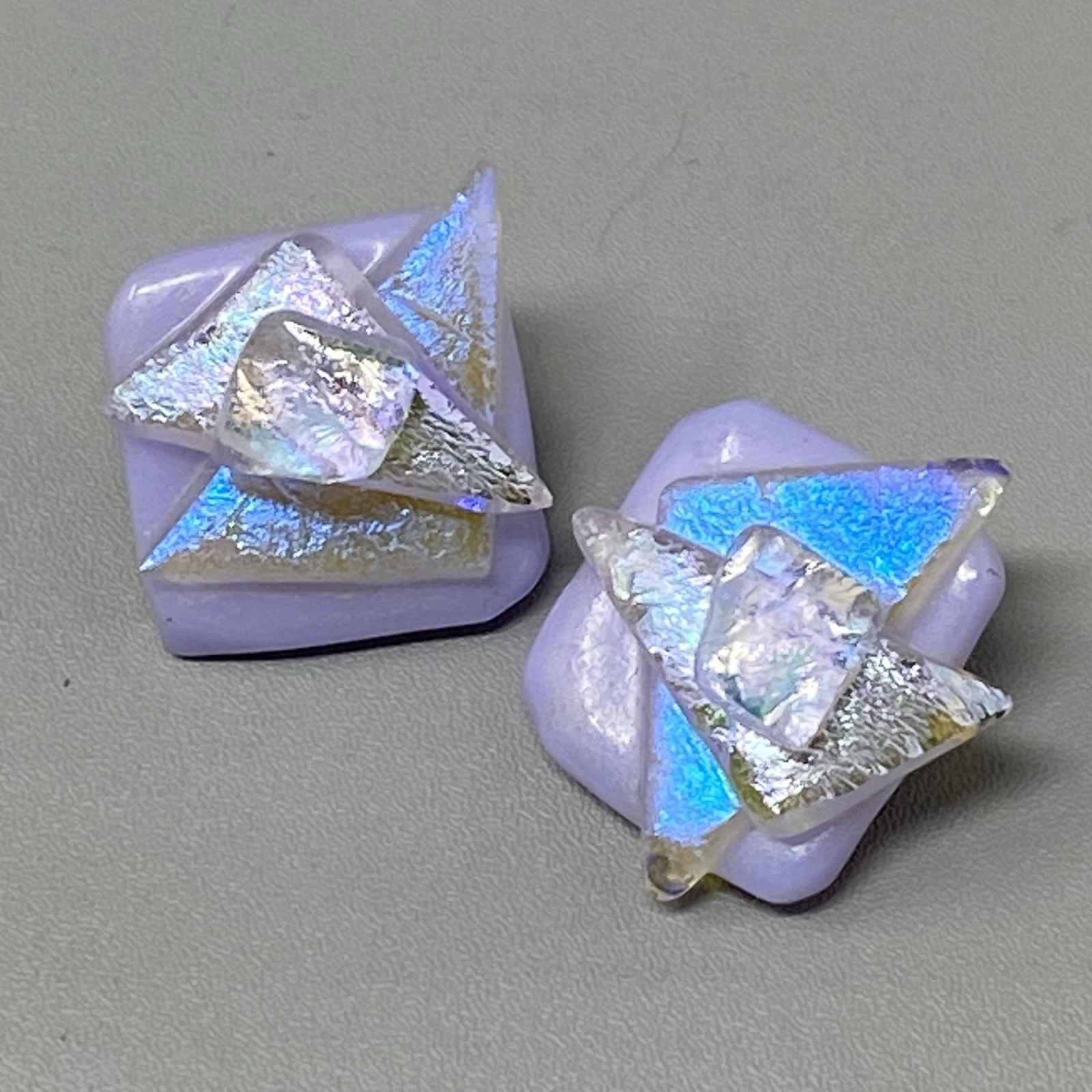 Handmade Fused Glass Stud Earrings Clip On Purple Blue Iridescent Dichroic .75″