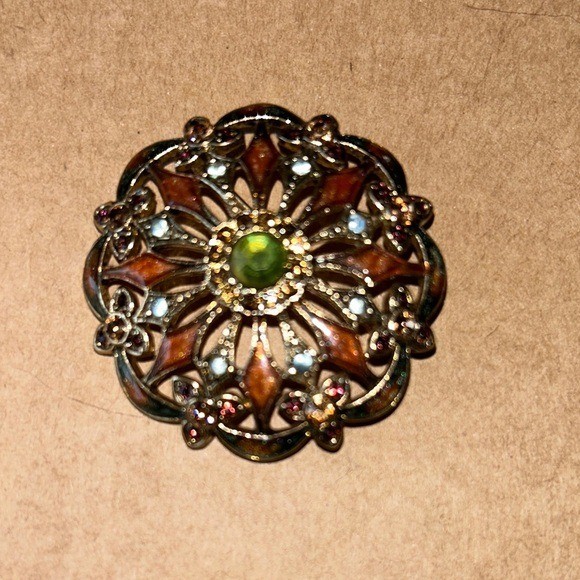 Monet Vintage Multicolor Enamel, Crystal & Acrylic Round Brooch/Pin. Signed