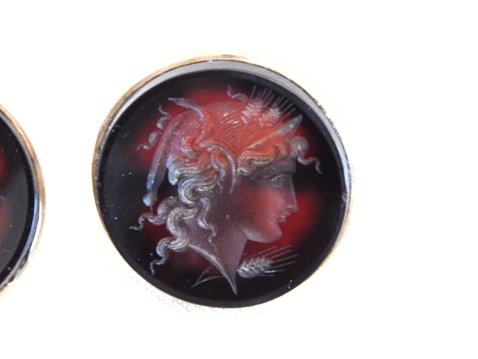 AMAZING Edwardian RENAISSANCE REVIVAL CARVED CARNELIAN CUFFLINKS, GODDESS, 1900