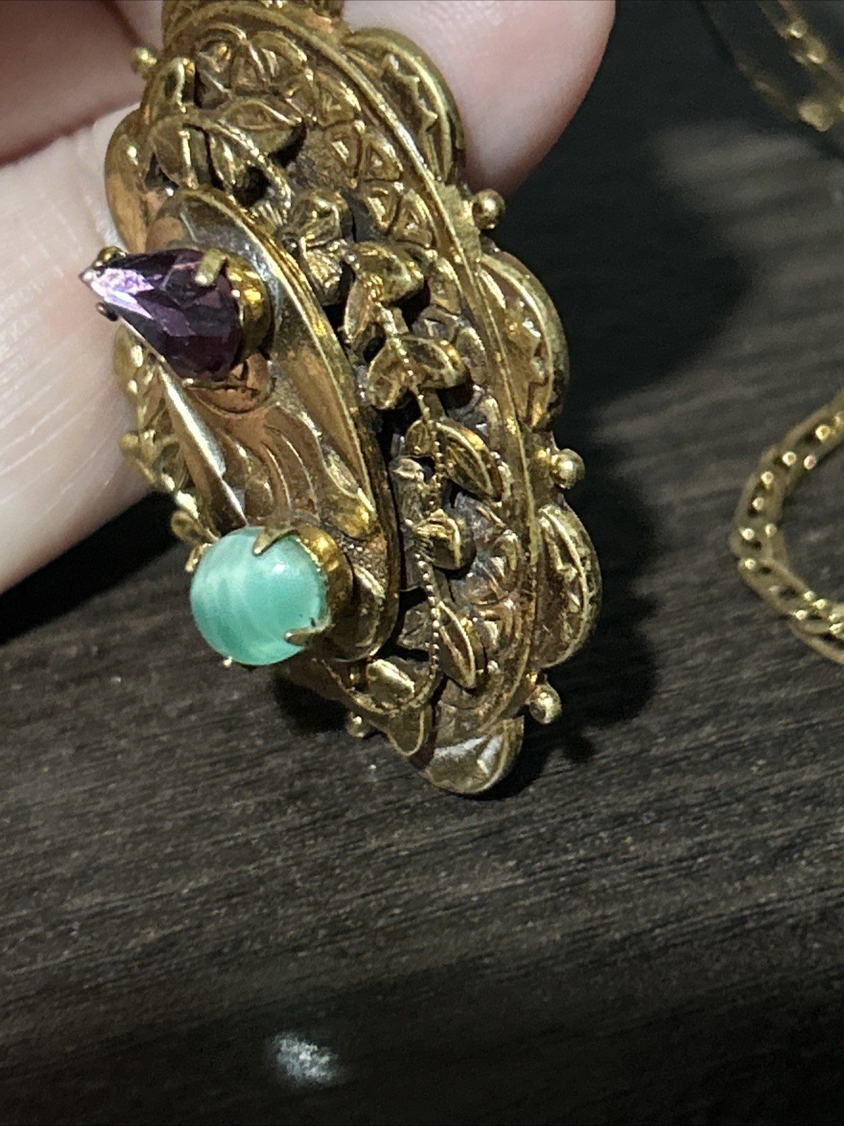 Vintage French Stamp Gold Plate Necklace Art Deco Purple Green Stones Pendant