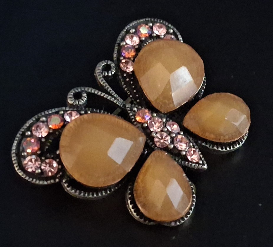 Vintage Beautiful Butterfly Brooch Pink Rhinestone Butterscotch Wings Pin Rare