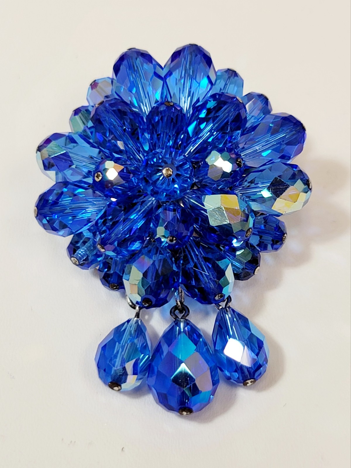Vintage Blue AB Crystal Glass Beads Cluster Brooch With Dangles