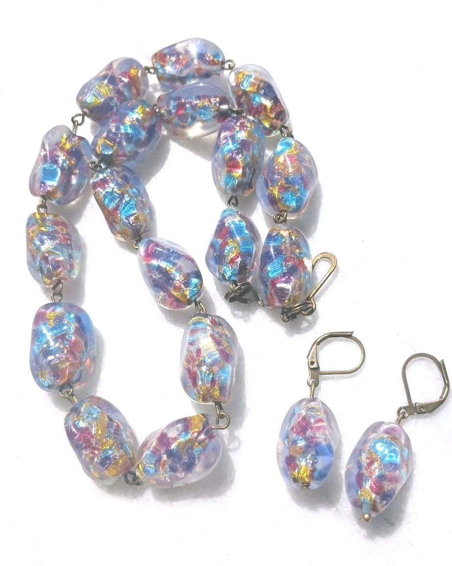 HUGE ANTIQUE JAPAN OPAL CONFETTI GOLD SILVER FOIL ART GLASS NECKLACE SET OOAK