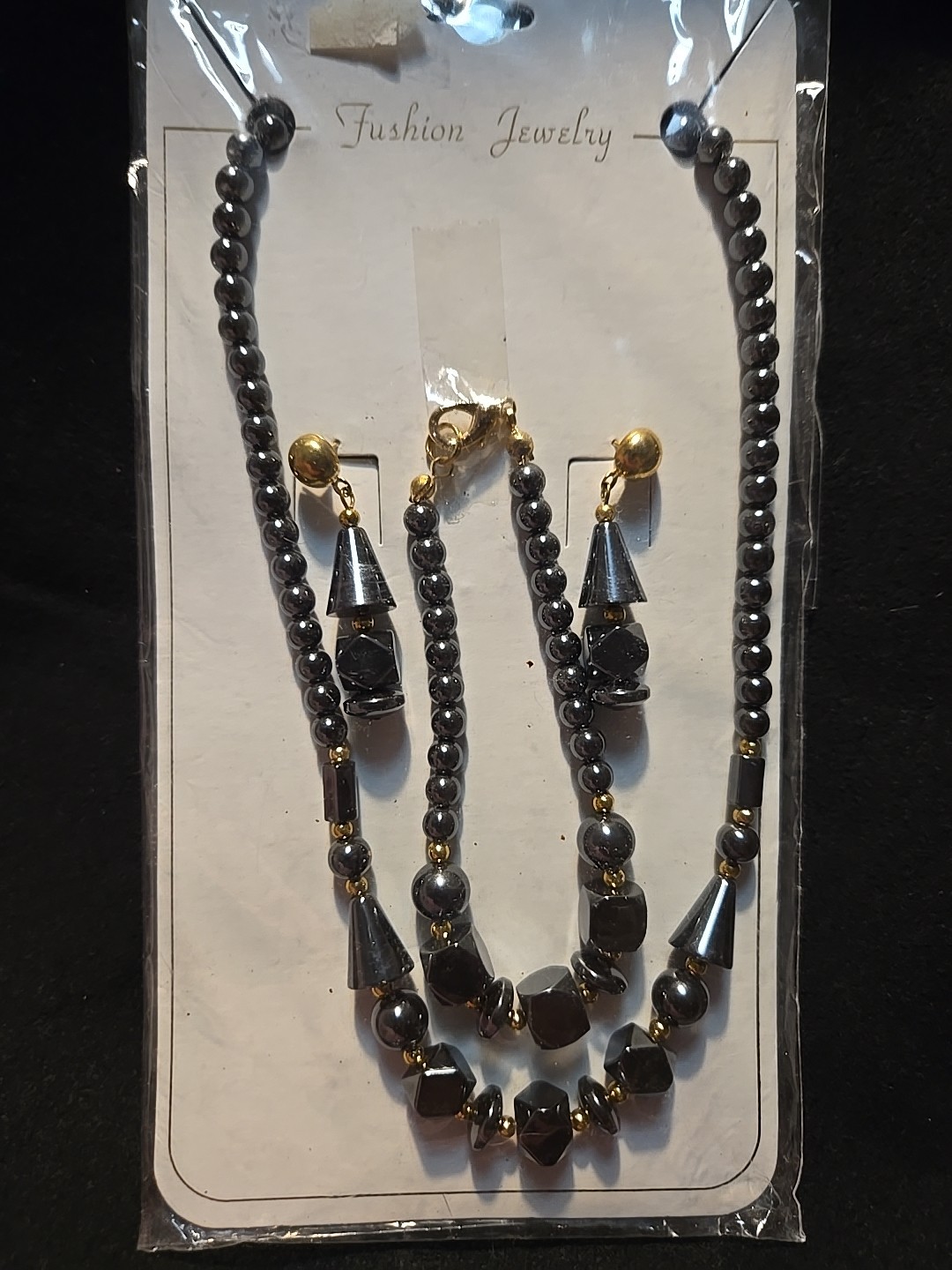 Vtg Hematite Necklace Bracelet Earrings Set Healing Peace Lot Fashion Jewelry