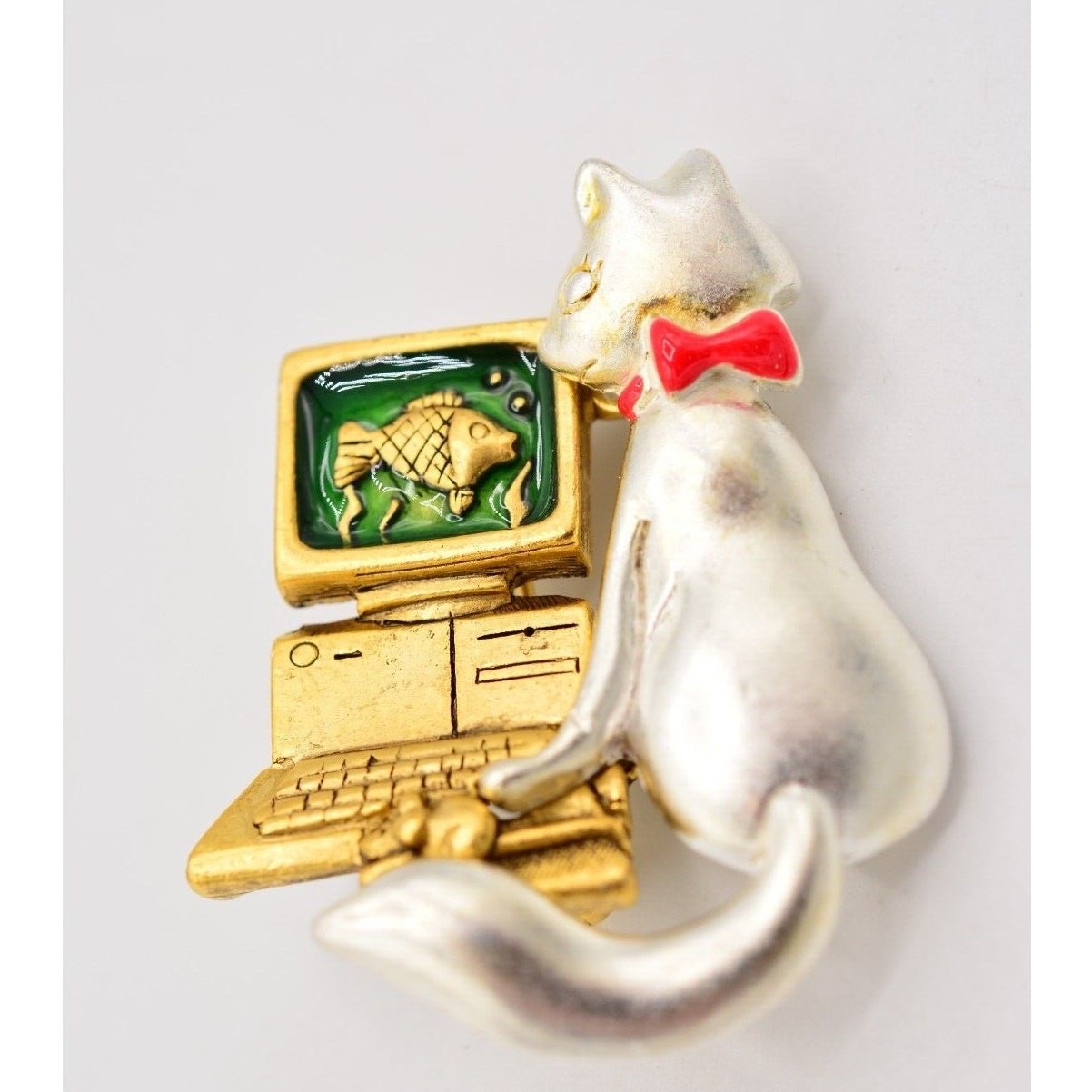 Danecraft Vintage Cat Fish Pin Brooch Computer Screen Saver Funny NOS 80s BinA7