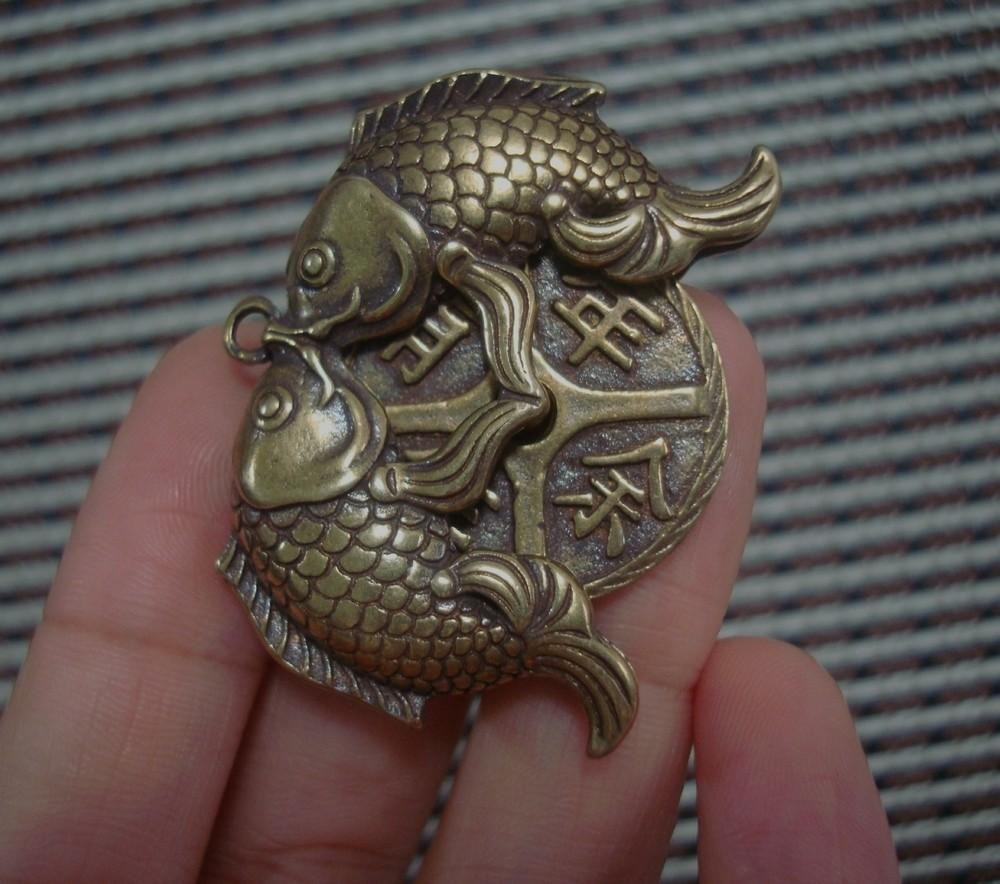 Vintage Style Solid Brass Two Fish Figurine Statue FengShui Pendant Bags Charms