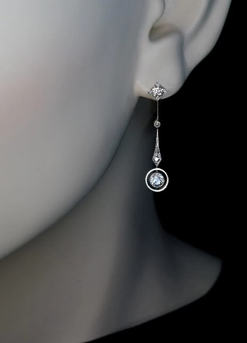 Art Deco Style Round Cut Lab Created Diamond Wedding 14K White Gold FN Earrings