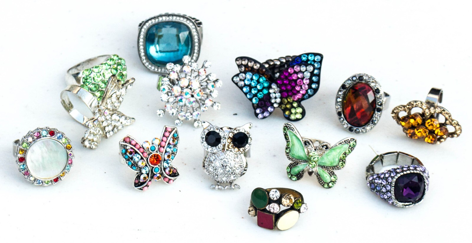 Vintage to Now Lot of 13 Colorful Rings – Mix of Sizes Metals & Styles