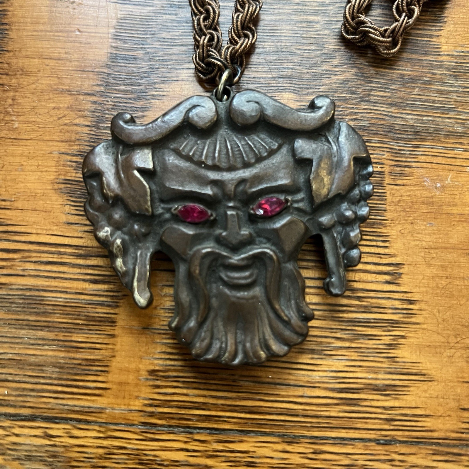 Vintage 1960’s Pendant Purple Jewel Eyes Dionysius Pewter Chain Necklace Bacchus