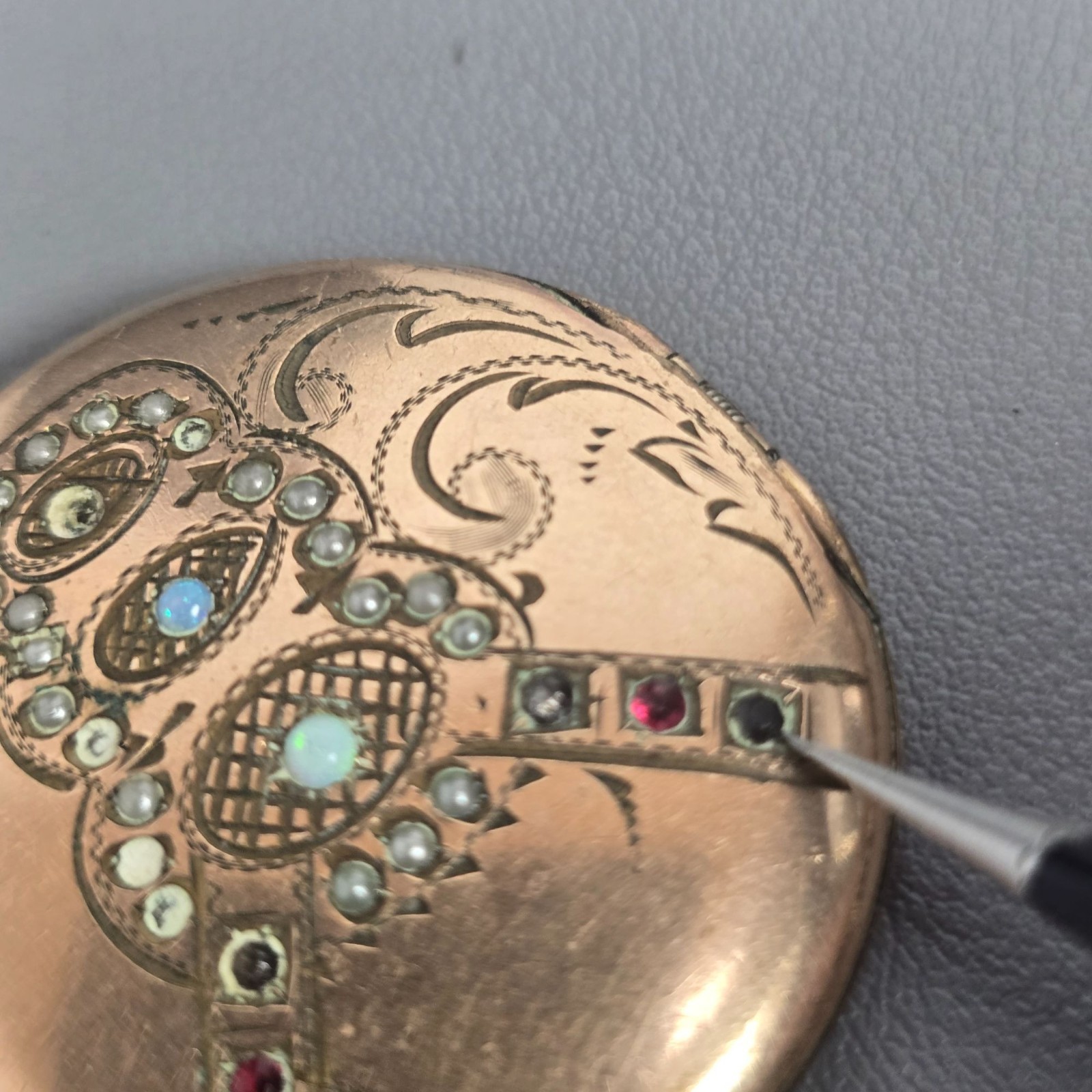 Victorian Gold-Filled/Gold-Plate Engraved Gemstone Photo Locket w/ Opal & Gems