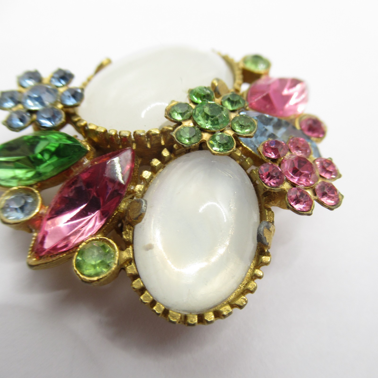Rhinestone Vintage Brooch Pin Flowers Opaline Glass MCM