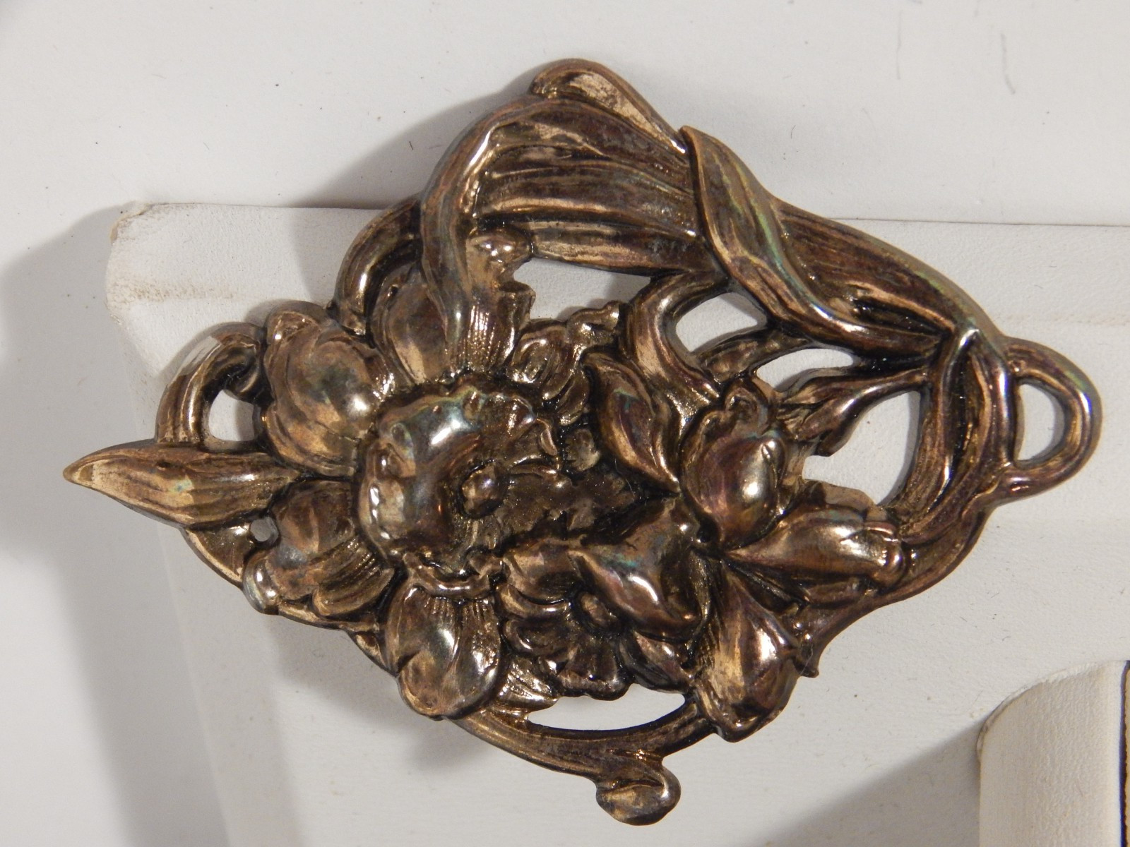 Vintage Bronze Color Orchid Flower Alfred Mucha Stile? Sash Brooch Pin 2.75″ L