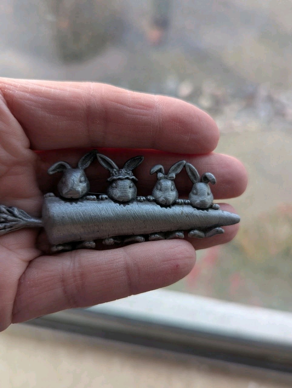 Pewter Brooch Bunny Rabbit Family Eating A Carrot Signed CAJC Vintage