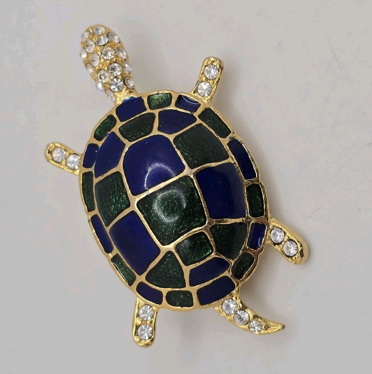 Vintage Turtle Brooch Pin Blue Green Enamel Gold Tone Clear Rhinestones