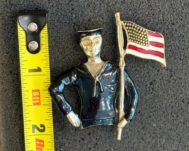 Vintage Enamel Sailor Pin with Saluting Arm and American Flag 1940s