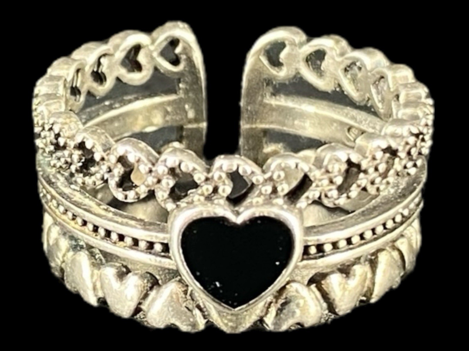 Vintage Hollow Out 925 Sterling Silver Black Stone Heart Ring Adjustable Size