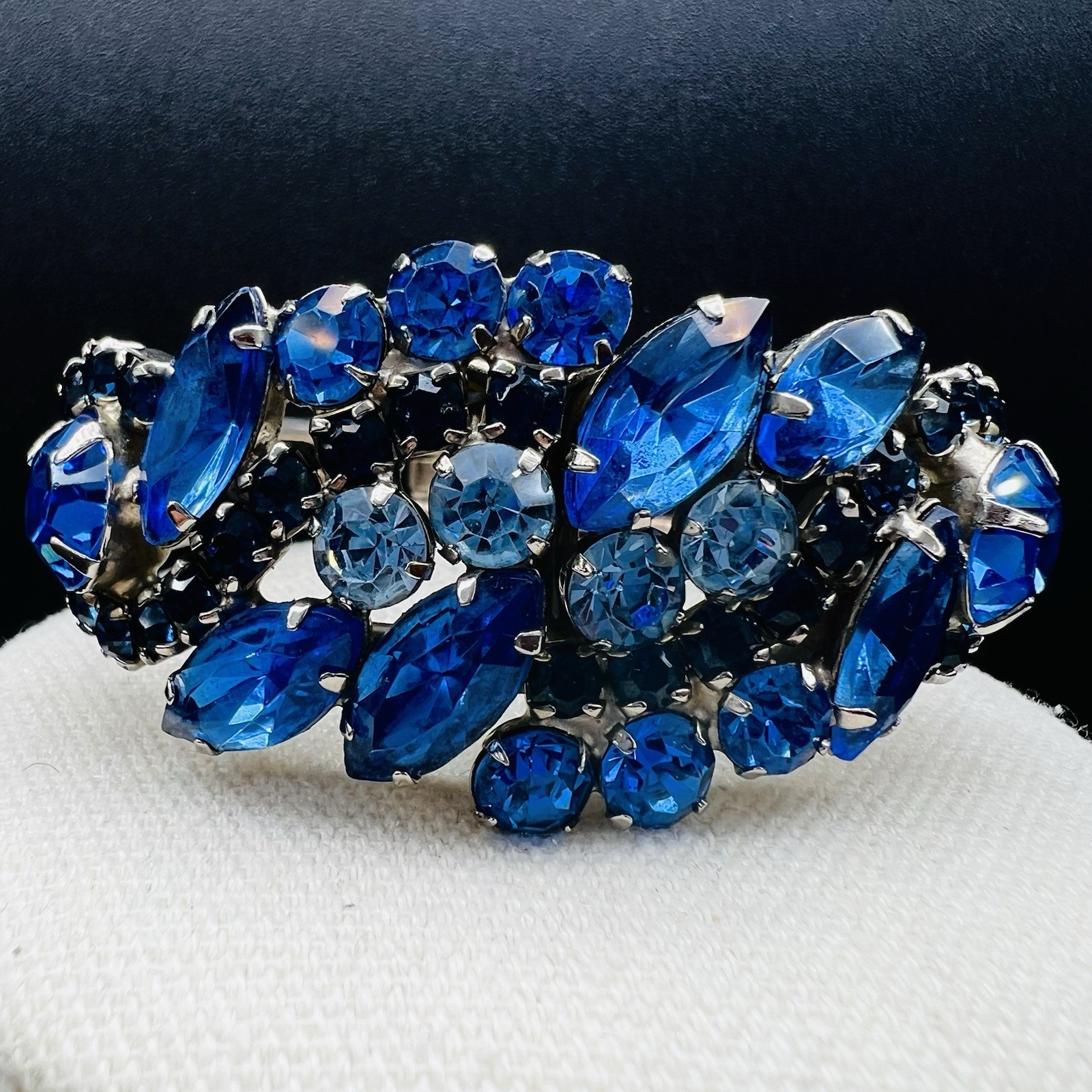 Vintage Blue Navette Rhinestone Hinged Bangle Bracelet SilverTone Statement Glam