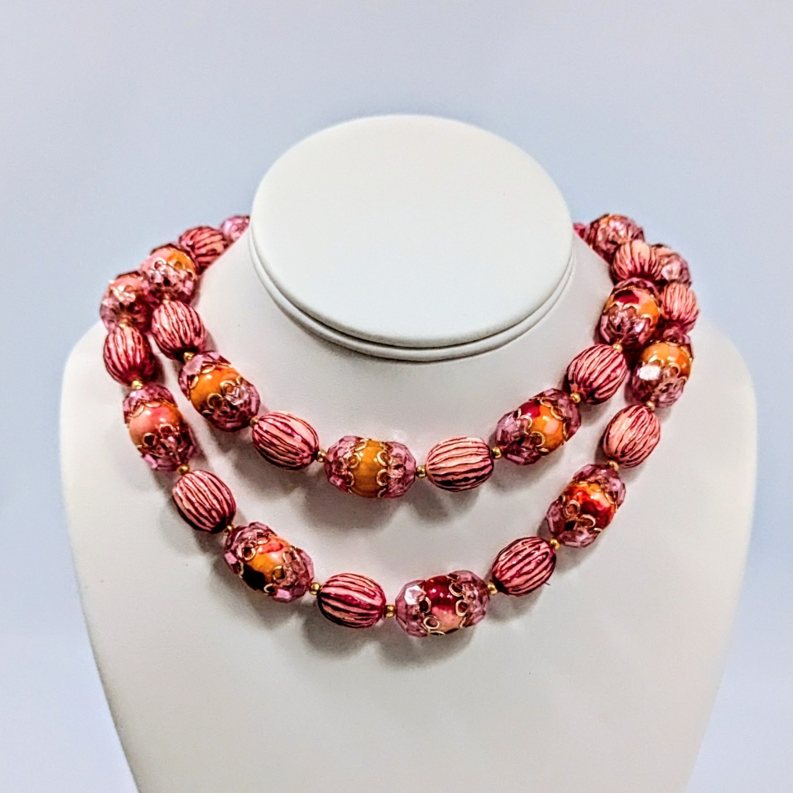 1960’s Hong Kong Double Strand Choker Bib Pink Orange Cap Bead Necklace 17-19″