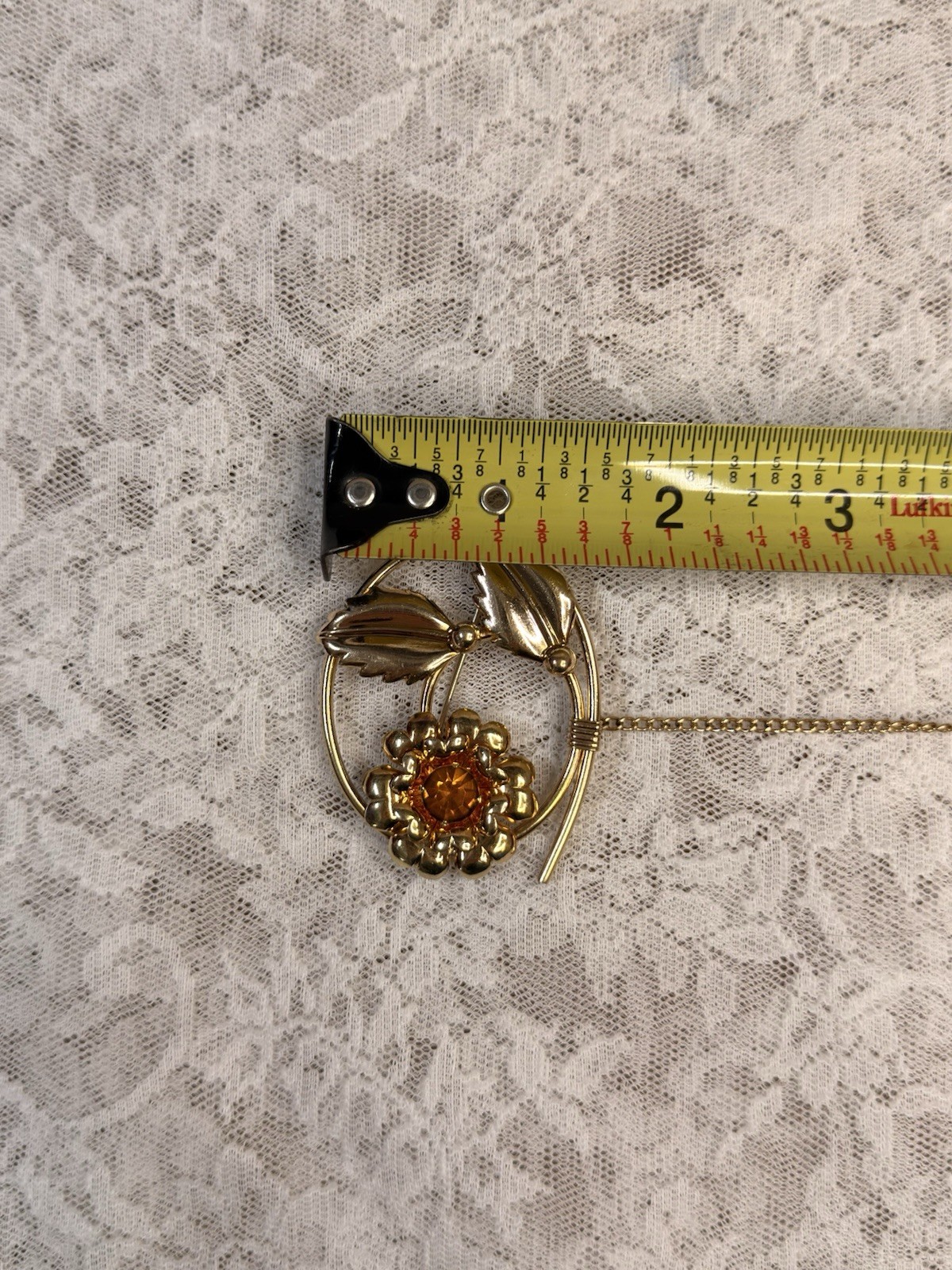 Vintage Linc 12k Gold Filled Double Flower W/ Orange Amber Stone Brooch Pin