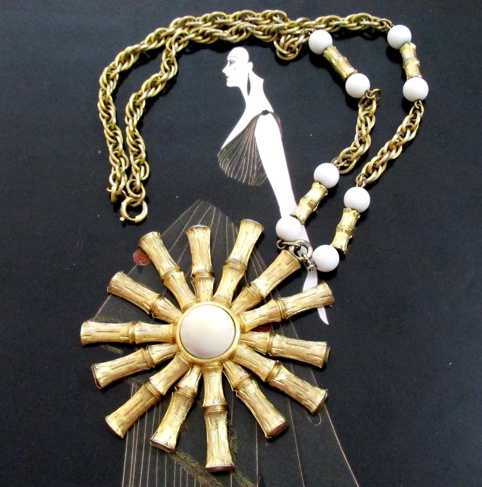VTG RUNWAY NAPIER BOOK PC GP BAMBOO SUNBURST PENDANT NECKLACE WHITE BEAD FUJIO