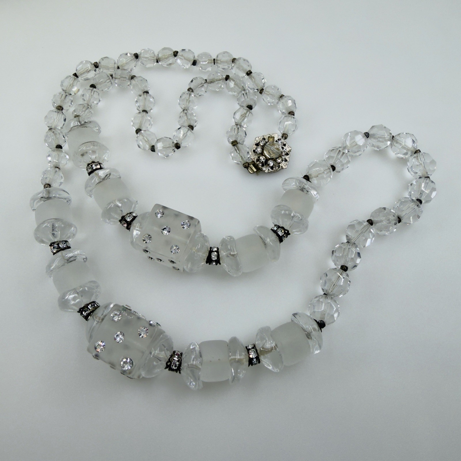 SIGNED Art Deco ▪️ MIRIAM HASKELL Lucite Glass Rhinestone CRYSTAL Clear Necklace