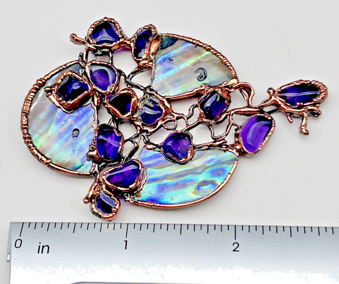 Artisan LG Purple Amethyst Stone Abalone Shell Copper Bezel Set Pendant Handmade