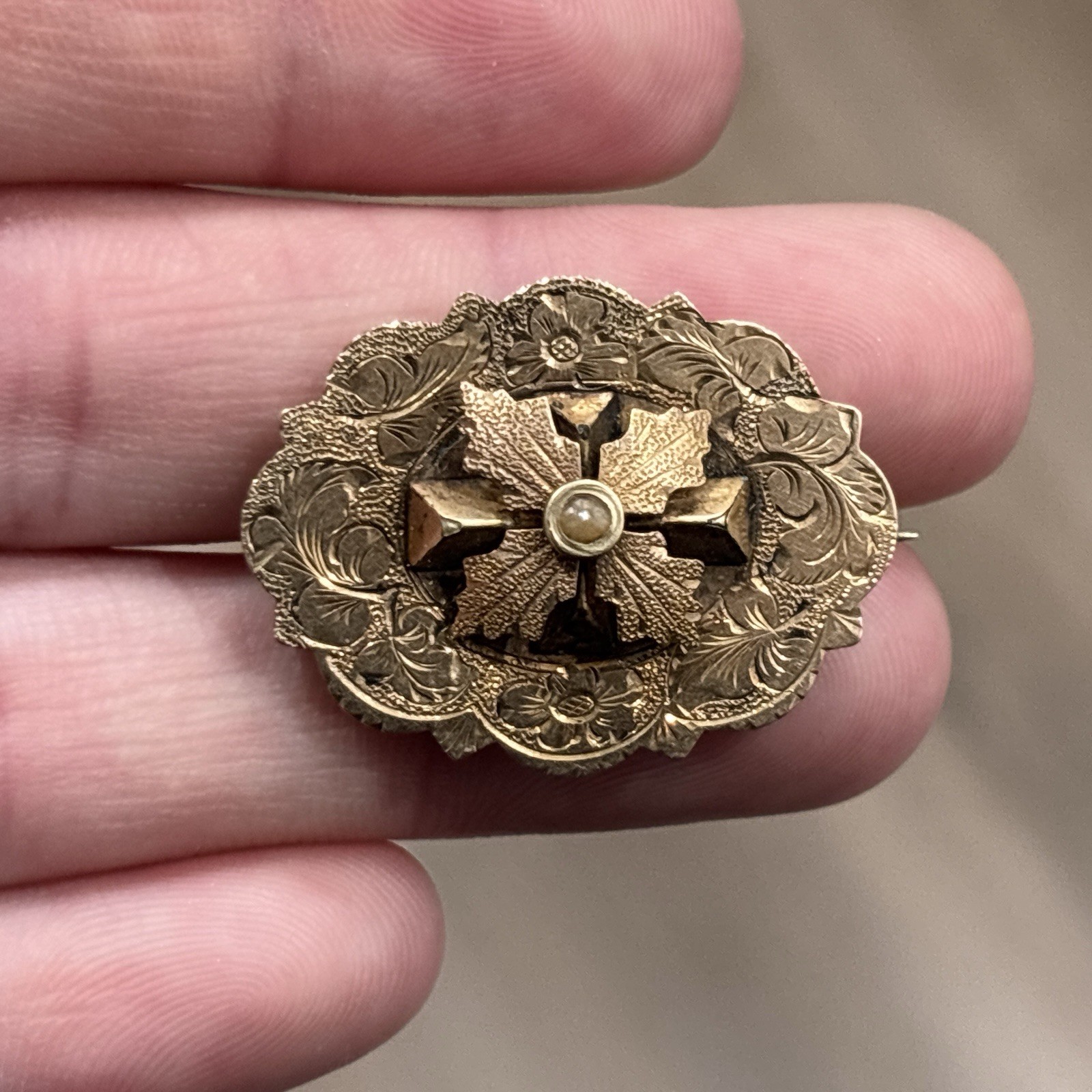 Antique Victorian Gold Filled Brooch Pin Floral Repousse Oval 3D Cross Vintage