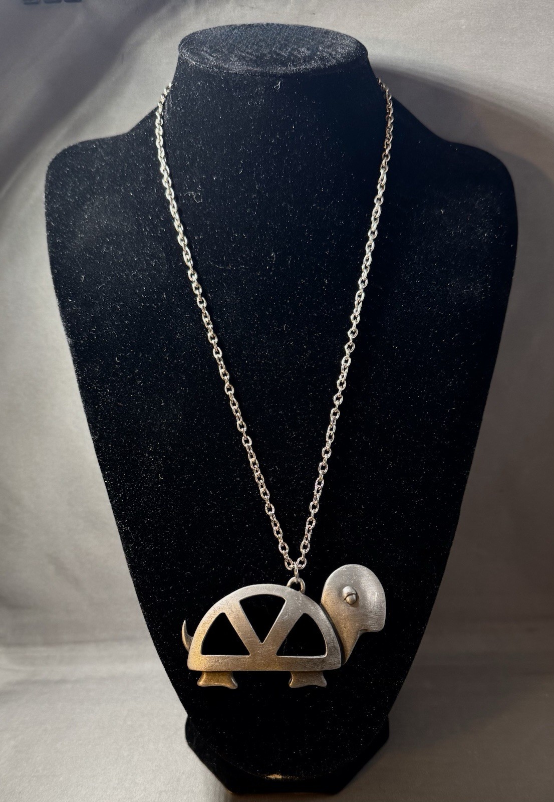 Vintage Turtle Pendant Necklace, 12 in. Silver-Tone Chain, Pewter Animal.