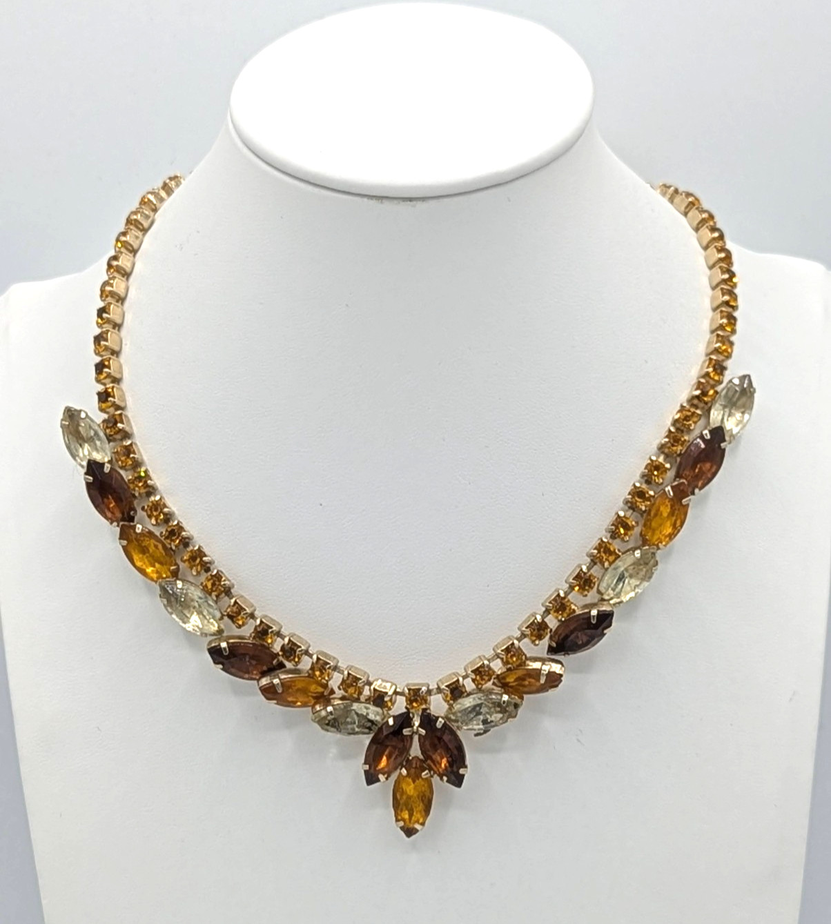 Vintage Rhinestone Collar Necklace Topaz Yellow Orange MCM Statement 1950s
