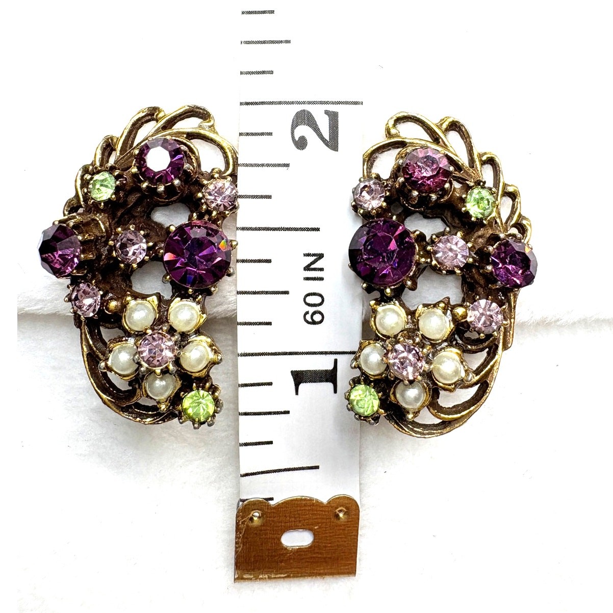 Signed Florenza Amethyst Peridot & Pearl Floral Clip-On Earrings, 1960s Vintage