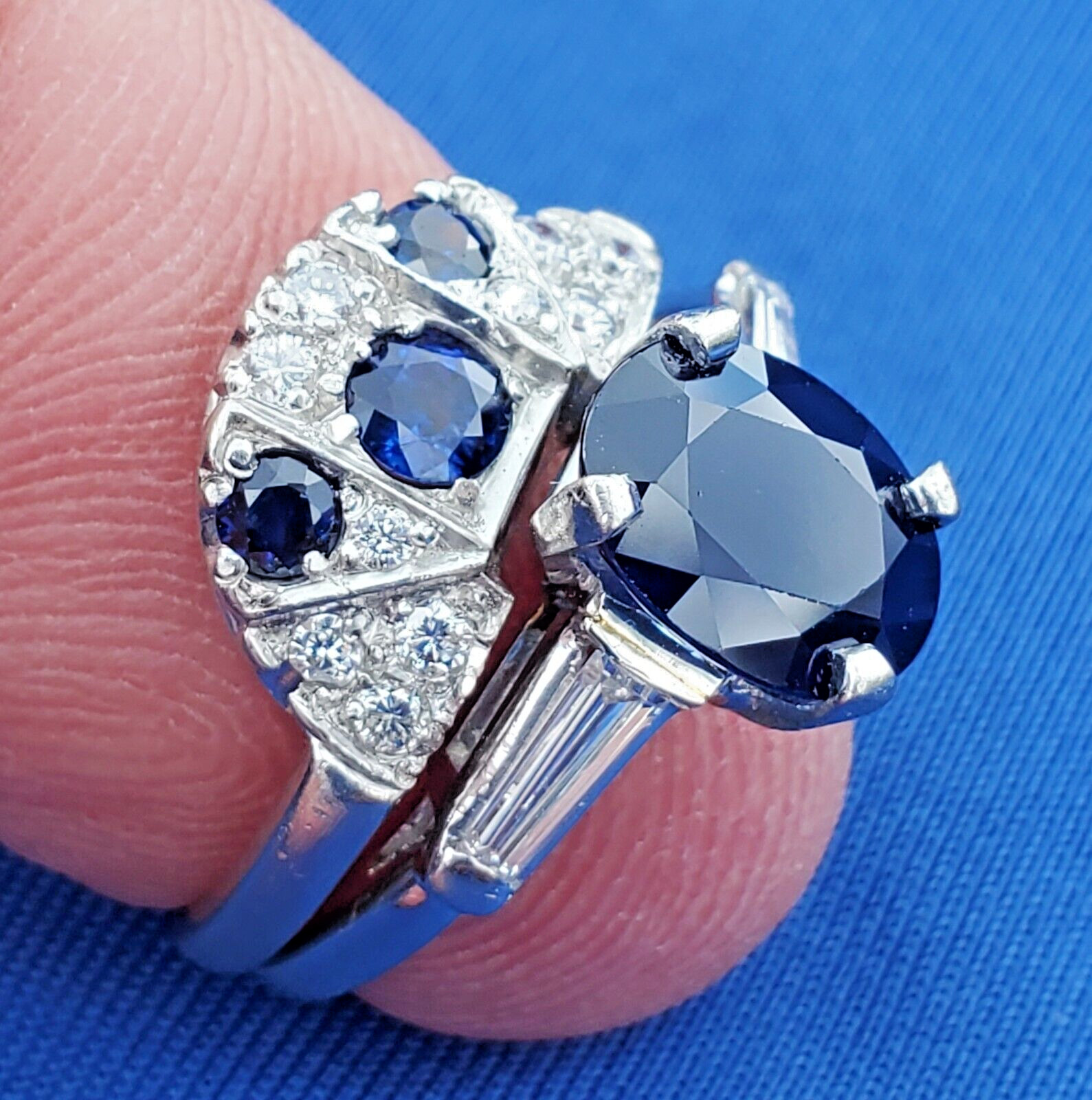 EARTH MINED SAPPHIRE DIAMON Deco Wedding Band Unique Vintage SOLID PLATINUM Ring