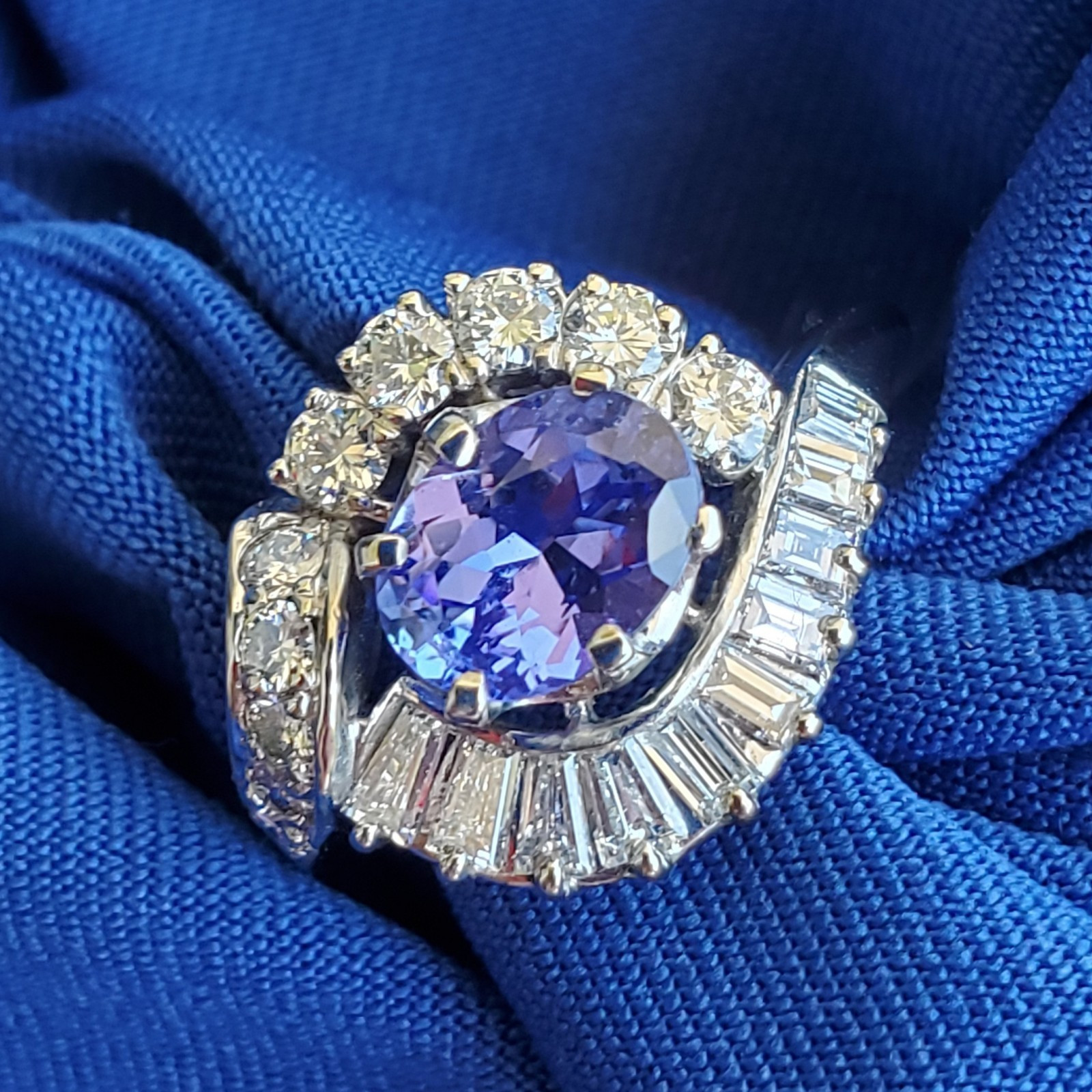 Original EARTH MINED TANZANITE DIAMOND DECO Engagement Ring Solitaire 14K GOLD 7