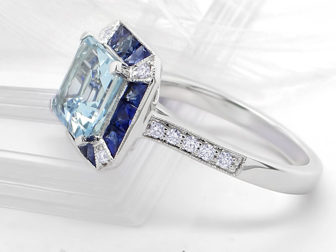 3Ctw Fancy Light Blue Asscher Cut Retro Style Engagement Wedding Ring 925 Silver