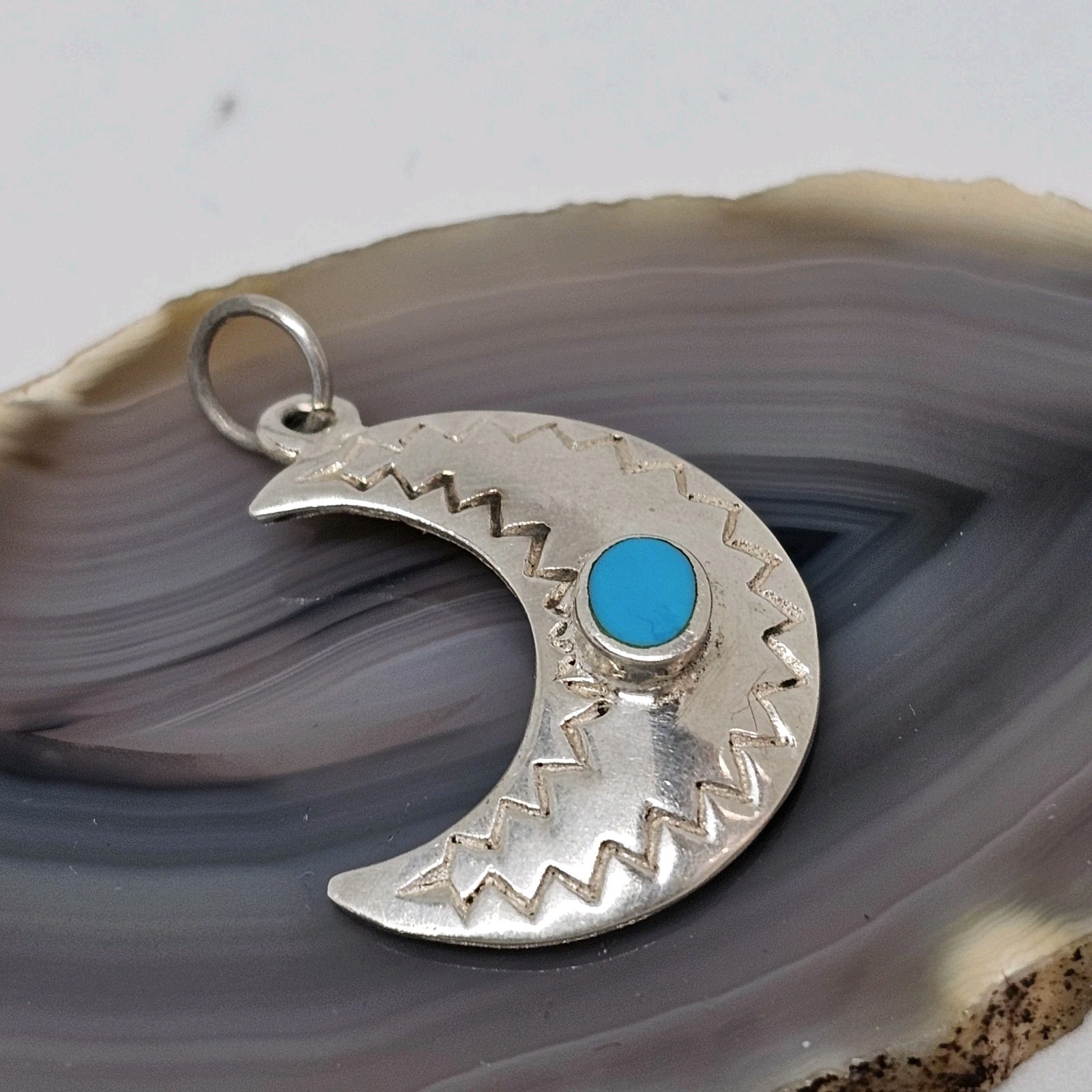 Sterling Silver 925 Crescent Moon Turquoise Stone Charm Pendant Southwestern